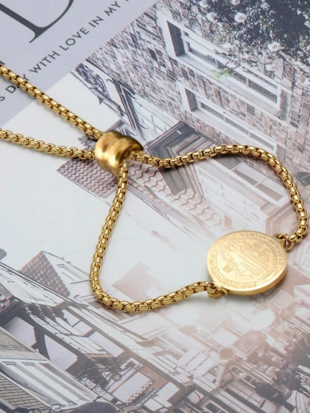 Gold St Benedict Medal Bracelet Stainless Steel Adjustable Religious Jewelry